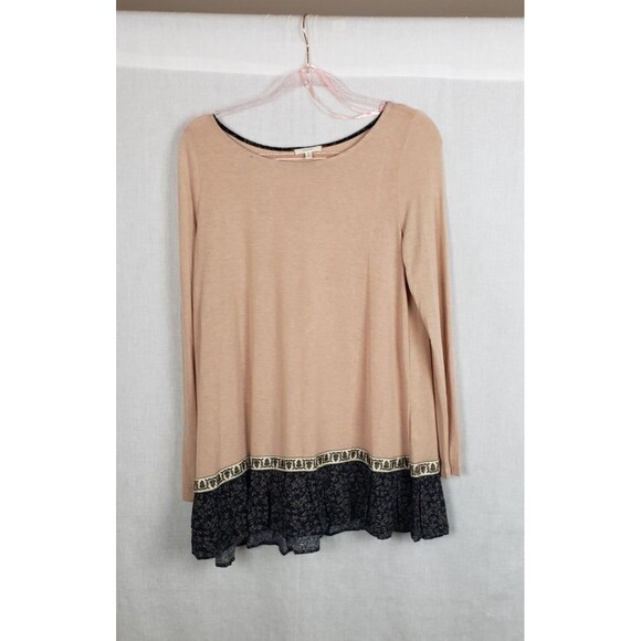 Easel Tunic Top Oversized S Tan Black Peplum Pleated Hem Casual Boho Peasant - Picture 1 of 5